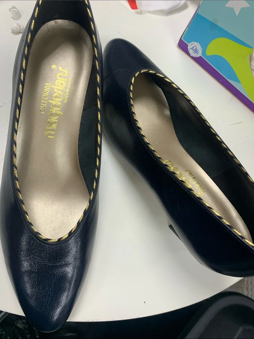 Black Pointed Leather Flats with Gold Braid Trim